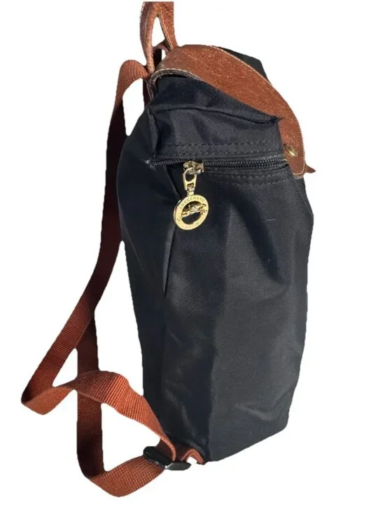 Longchamp Le Pliage Mini Backpack Black Canvas Brown Leather Flap - Picture 3 of 15